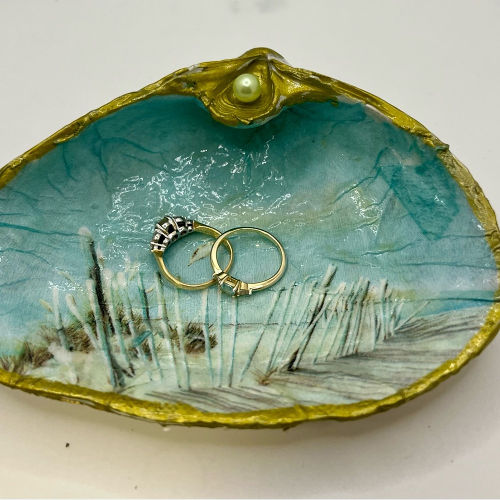 Seashell Trinket Jewelry Dish with Gold Trim and Pearl Accent